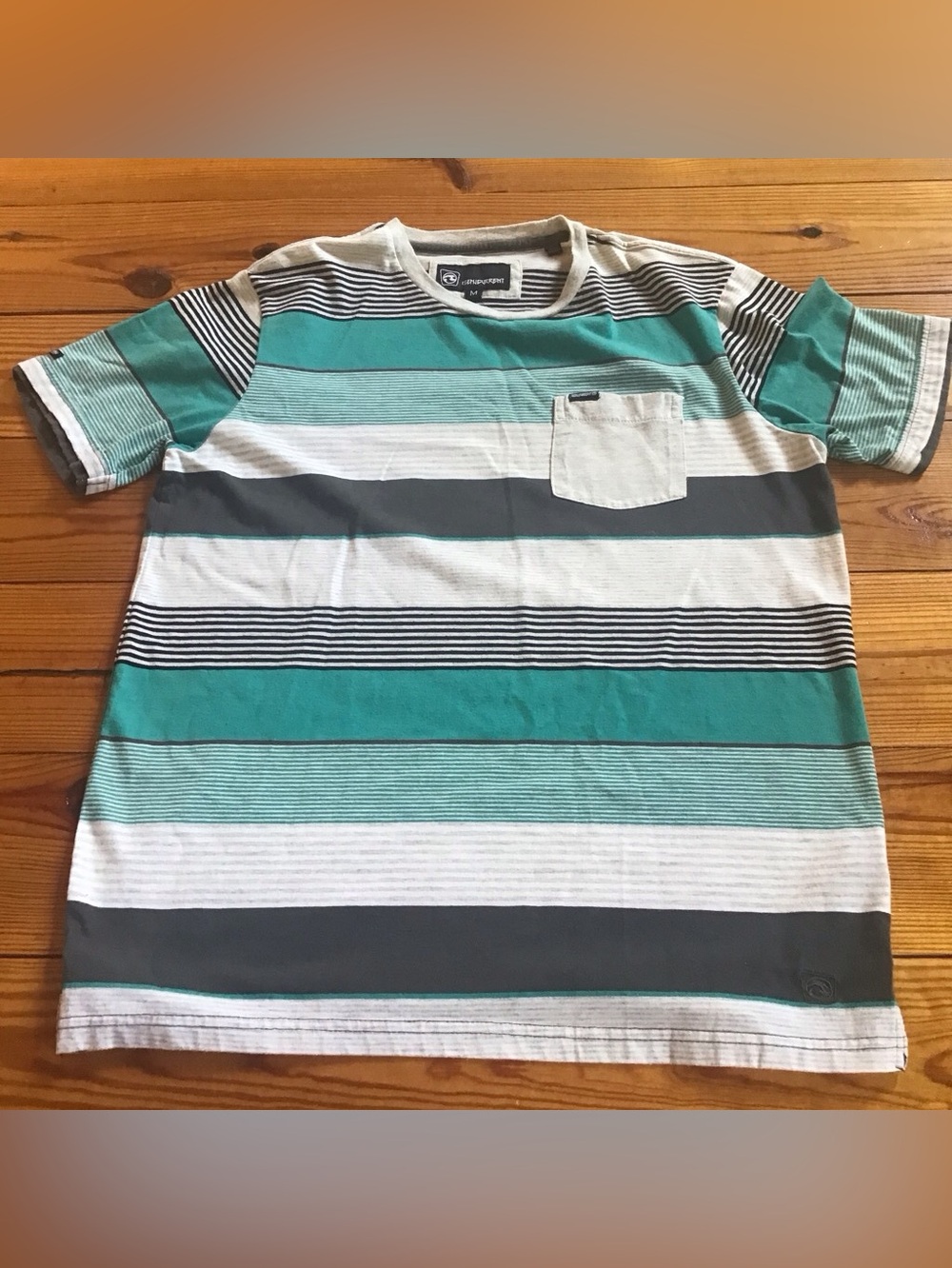 Y2K Ocean Current horizontal striped tee with teal gray white stripes Shirt